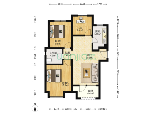 鑫苑鑫都汇 3室1厅1卫 92平方
