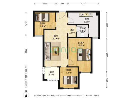 正商公主湖 3室1厅1卫 89平方