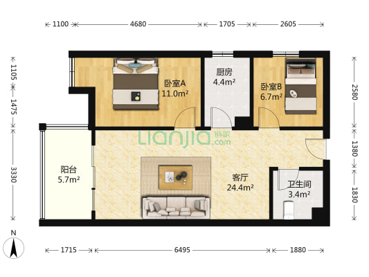 明天世纪 2室1厅1卫 77平方