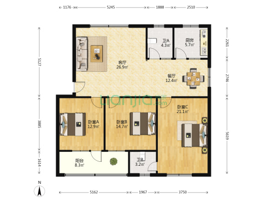造纸设备厂家属院 3室2厅2卫 125平方