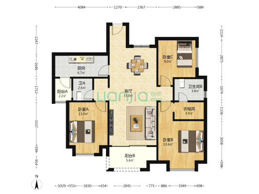京汉新城悦隽江山 3室1厅2卫 114平方