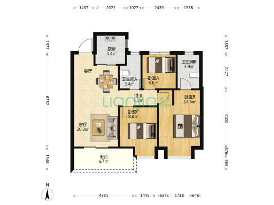 阳光城檀境 3室1厅2卫 90平方