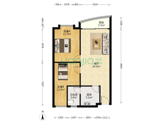 华庭轩商住楼二区 2室1厅1卫 68平方