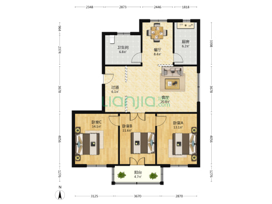 庆丰北路2号 3室2厅1卫 107平方