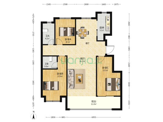 凯佳璟园 3室1厅2卫 125平方