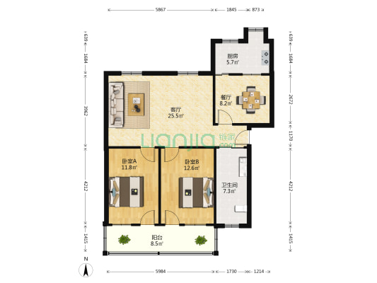 外贸住宅小区 2室2厅1卫 91平方