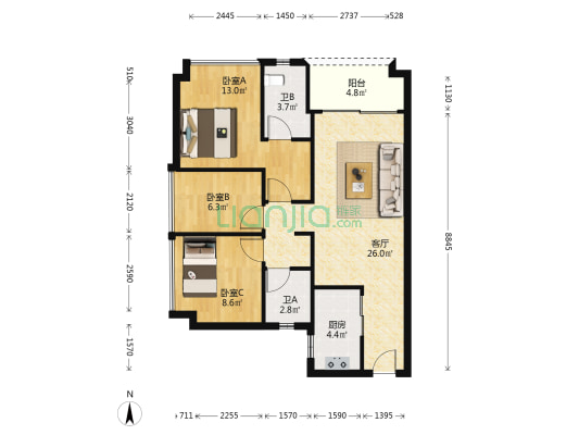 时代印记 3室1厅2卫 87平方