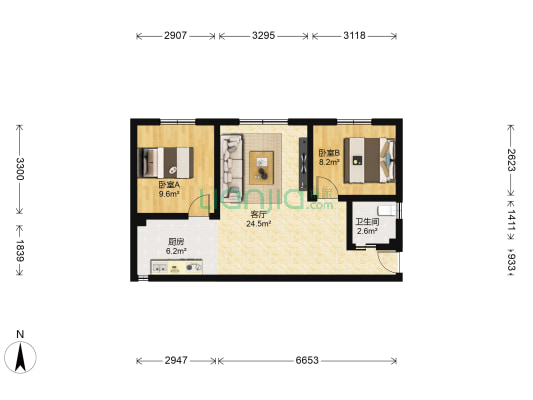 金禾苑2号阳光城 2室1厅1卫 68平方