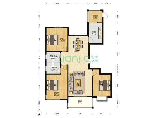 翰林公馆 3室2厅2卫 136平方