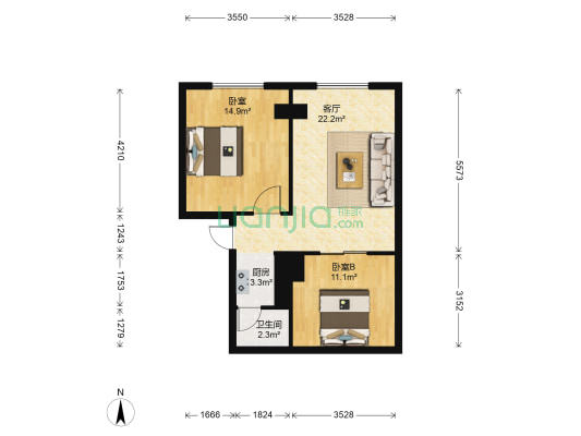 北海大厦 2室1厅1卫 76平方
