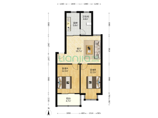 锦城花园 2室1厅1卫 72平方