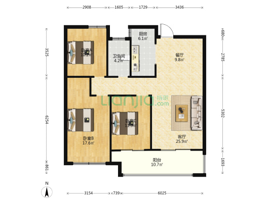 建业城三期(项城) 3室2厅1卫 117平方