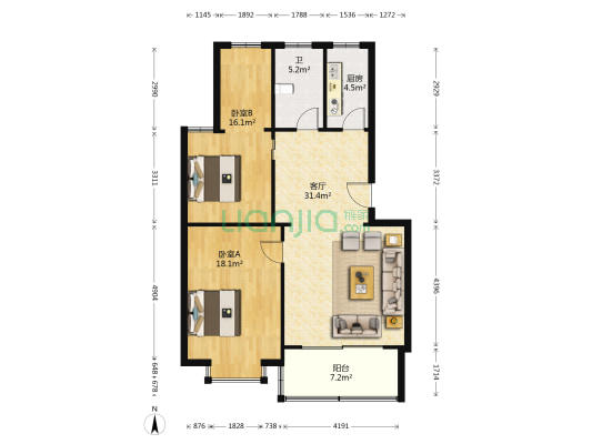 景园小区 2室1厅1卫 92平方