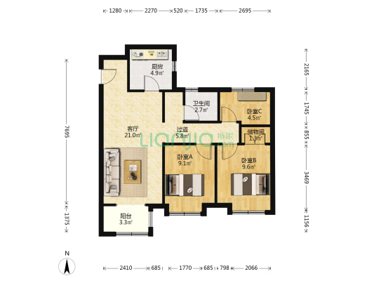 新城悦隽风华缤斓苑 3室1厅1卫 95平方