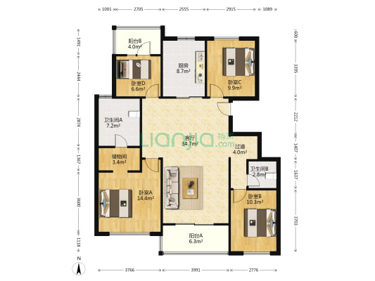 皖新朗诗麓院 4室1厅2卫 132平方