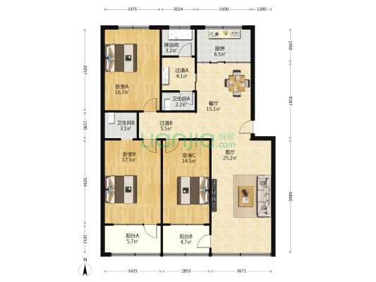 农行小区 3室2厅3卫 149平方