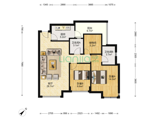 华润二十四城二期 2室1厅2卫 88平方