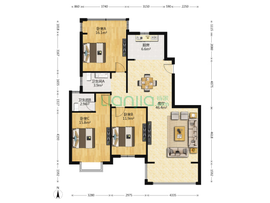 康盛阳光城一期 3室1厅2卫 134平方