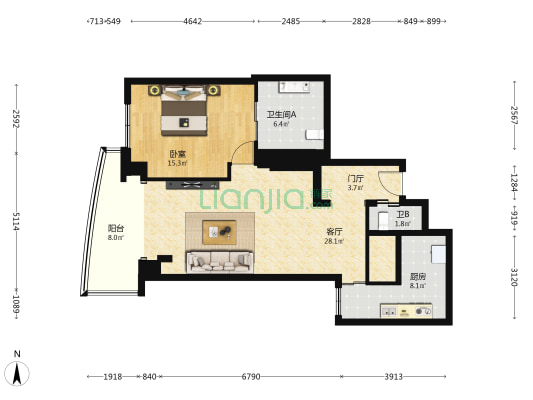 盈科中心 1室1厅2卫 117平方