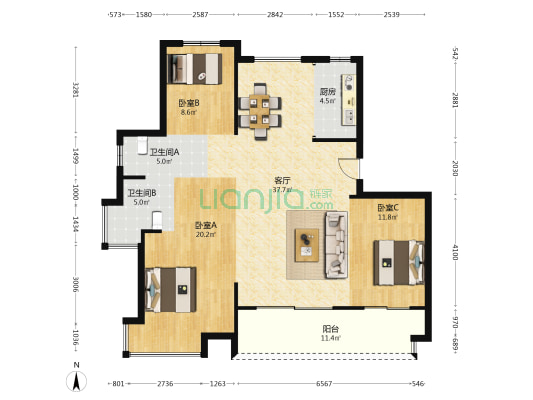 天瑞湾花苑 3室1厅2卫 125平方
