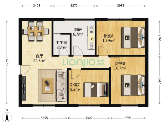 龙江花园 3室1厅1卫 85平方