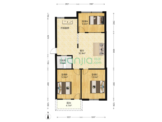 北大新村 3室1厅1卫 93平方