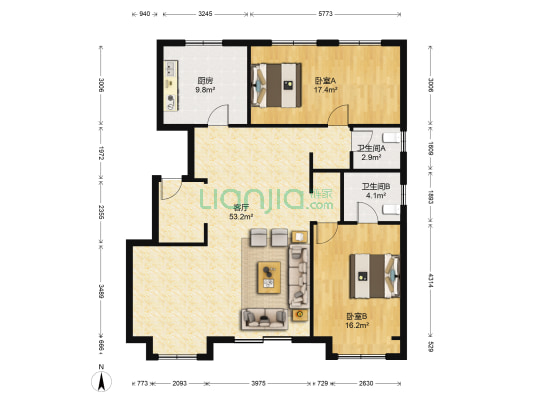 万科繁荣里 2室1厅2卫 138平方