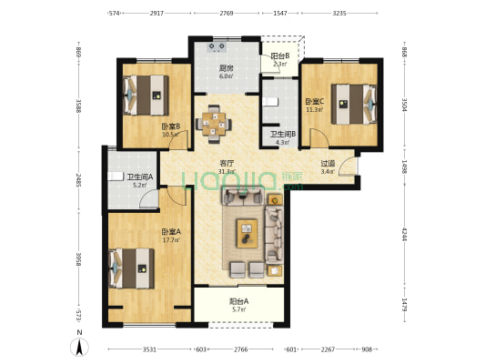佳田未来新城抱朴园 3室1厅2卫 131平方