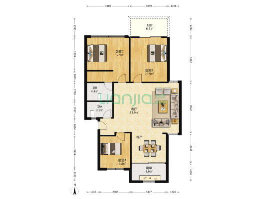 航辉花园 3室1厅2卫 125平方