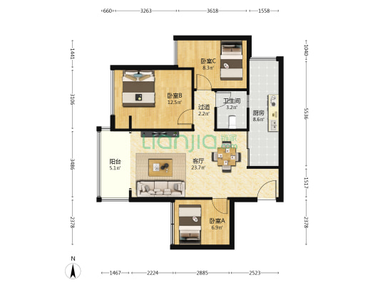 北滨上院 3室1厅1卫 82平方