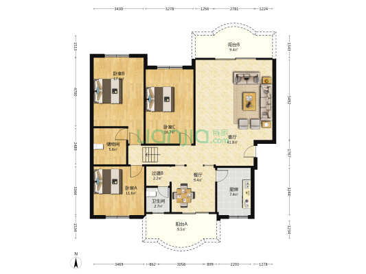 紫荆花园 3室2厅1卫 142平方