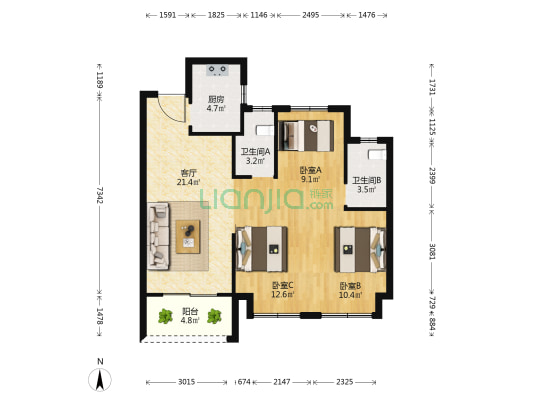 龙光玖悦华府 3室1厅2卫 89平方