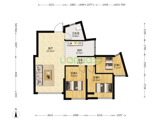 香开新城西区 3室1厅1卫 77平方