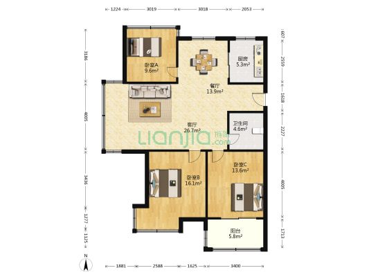 奥升家园 3室2厅1卫 120平方