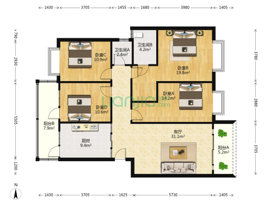 天下桂林步行街 4室1厅2卫 135平方