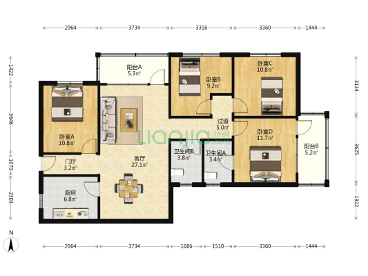 恒昌花园 4室1厅2卫 117平方