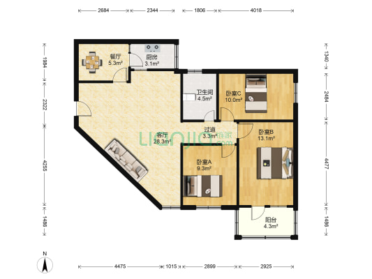 槐树公寓 3室2厅1卫 95平方
