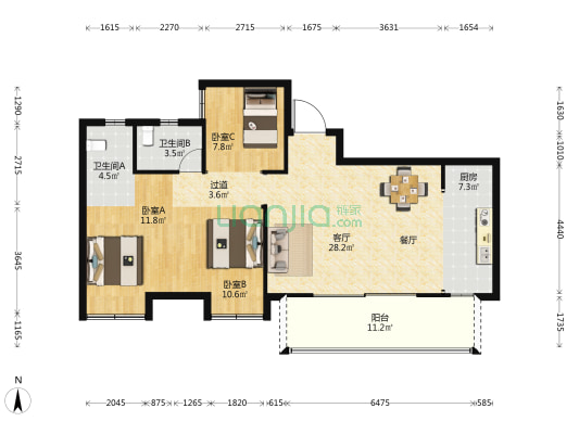 榕发悦乐郡一区 3室1厅2卫 110平方