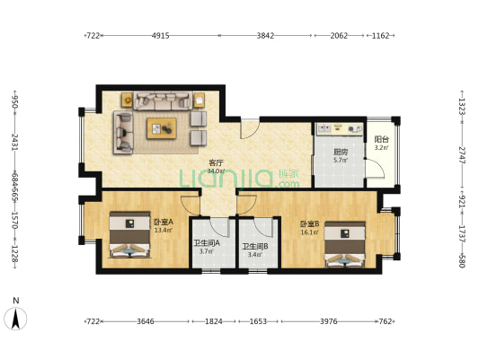 宗申流溪别院四期 2室1厅2卫 91平方