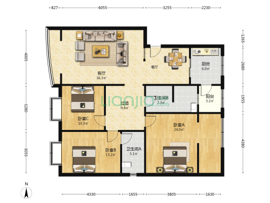 上南街57号 3室1厅2卫 137平方
