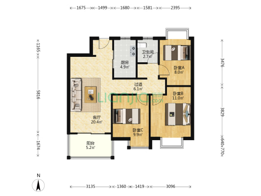 江铃新力臻园 3室1厅1卫 92平方
