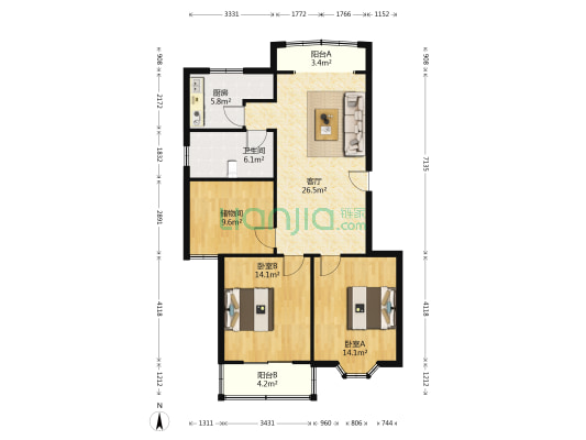 南湖之韵 2室1厅1卫 165平方
