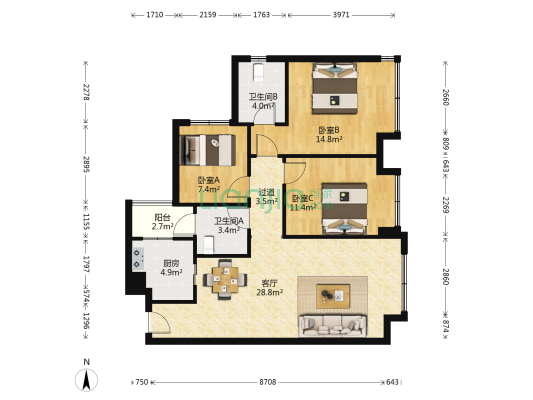 华宇静苑一期 3室1厅2卫 91平方