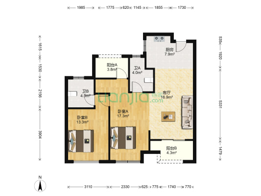 聚米喆园 2室1厅2卫 87平方