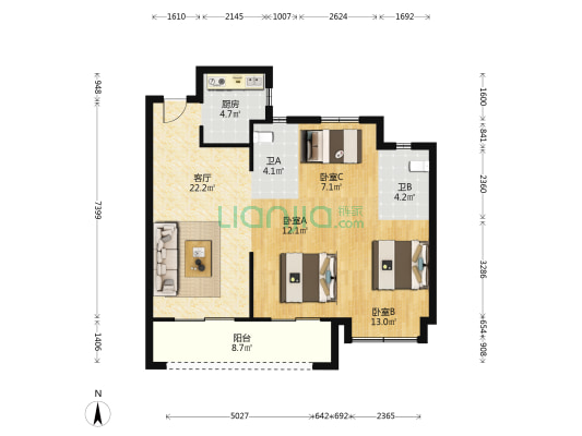 宝辉尚城 3室1厅2卫 95平方