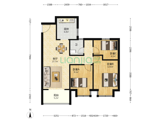 馨德苑小区 3室1厅1卫 96平方