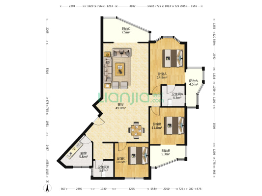 临亚家园 3室1厅2卫 130平方