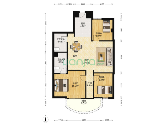 天骊大厦 3室1厅2卫 107平方