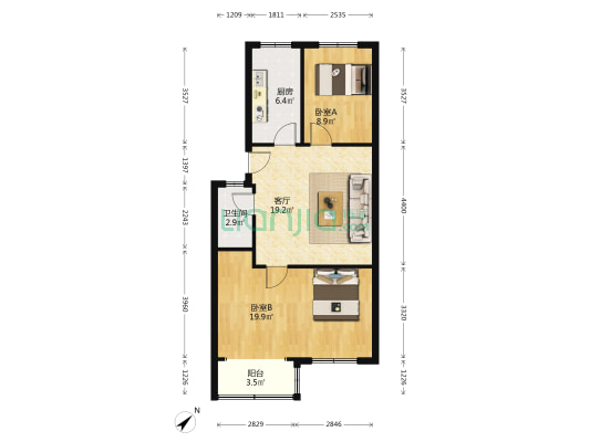 和谐家园(市北) 2室1厅1卫 76平方