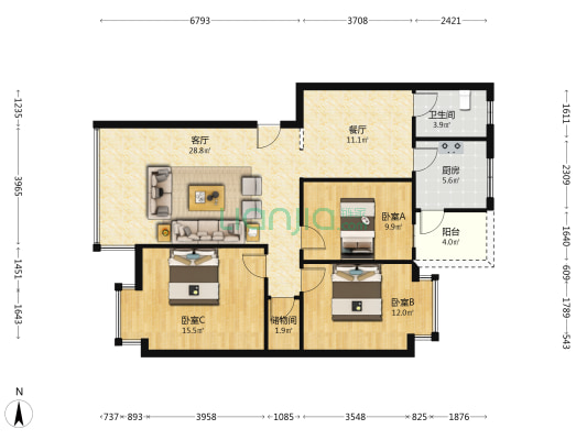 江南丽景 3室2厅1卫 109平方